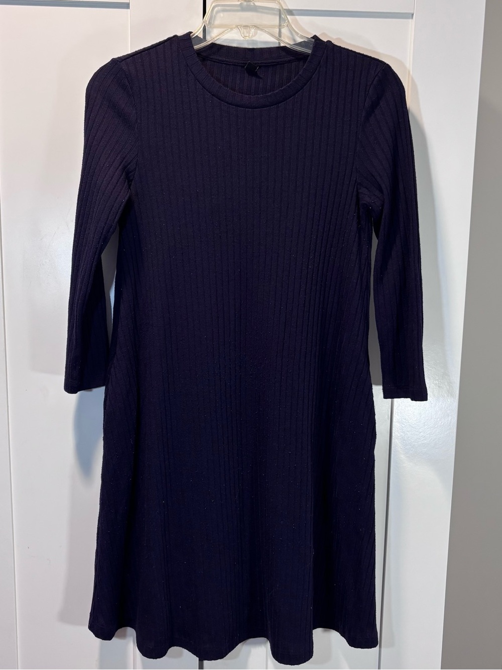 Uniqlo Womens S Deep Dark Purple Ribbed Knit A-Line Dress 3/4 Sleeve Stretch